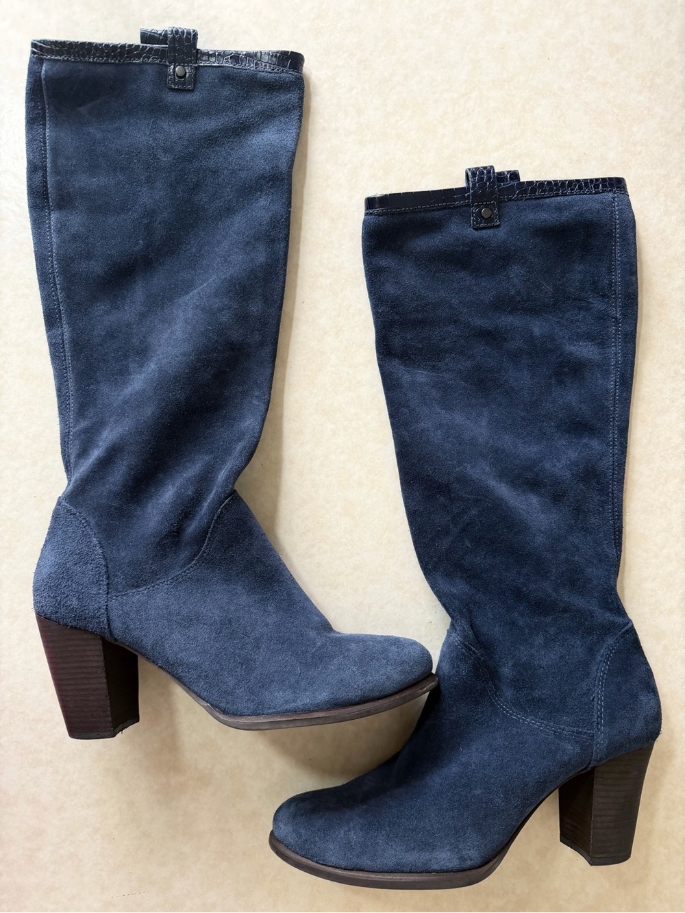 UGG Navy Suede Mid-Calf Block Heel Boots